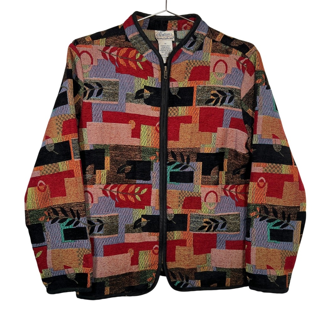 Tradition Country Collection Vintage Tapestry Zip Up Jacket‎ Abstract Leaf 16